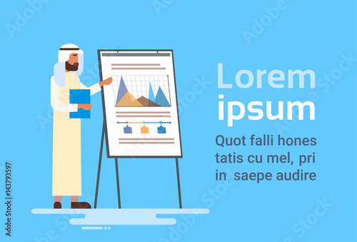 Arab Business Man Presentation Flip Chart Finance, Arabic Businessman Training Conference Flat Vector Illustration