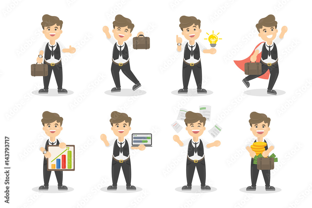 Isolated businessman set o white background. Funny cartoon character. Isolated businessman set o white background. Funny cartoon character.