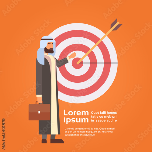 Arab Business Man Arrow Hit Target Successful Goal Flat Vector Illustration