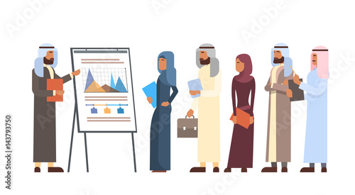 Arab Business People Group Presentation Flip Chart Finance, Arabic Businesspeople Team Training Conference Muslim Meeting Flat Vector Illustration