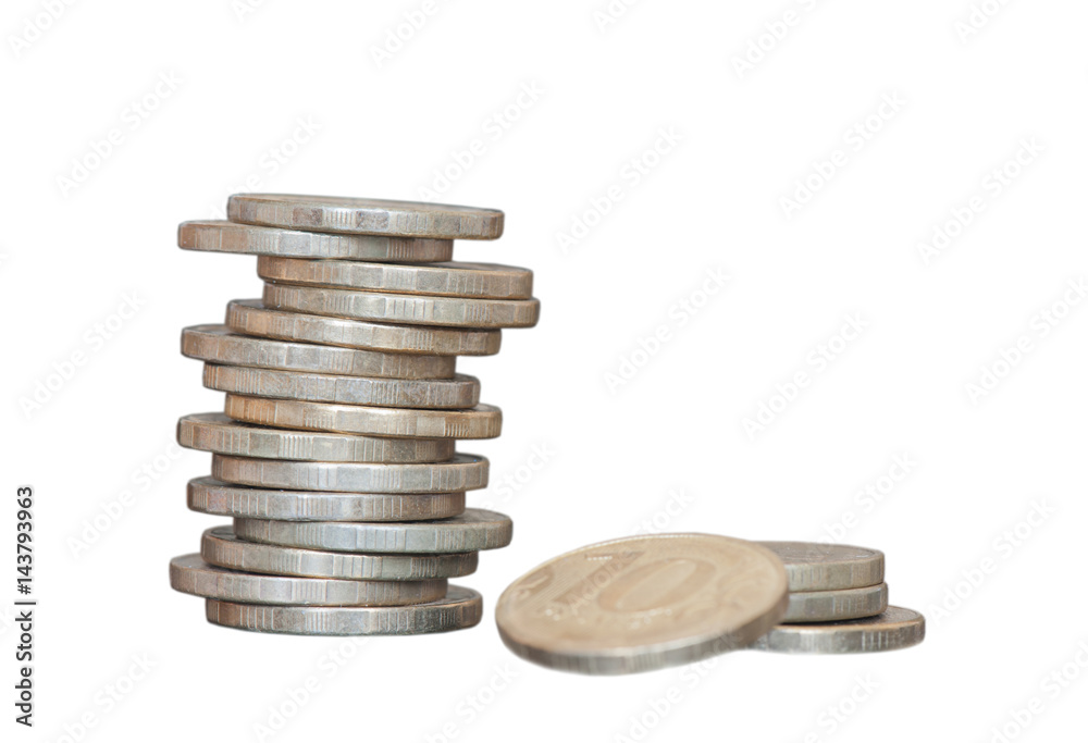 Money. Stack of Russian rubles coins, isolated on white background Money. Stack of Russian rubles coins, isolated on white background