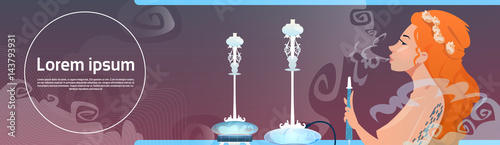 Attractive Girl Smoking Hookah Pipe Flat Vector Illustration