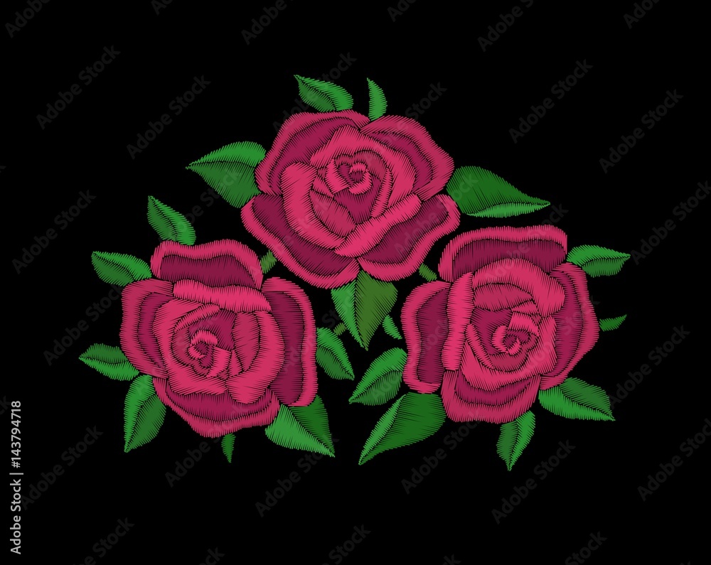 Red roses embroidery on black background. Red roses embroidery on black background.