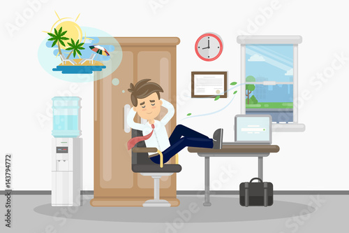 Man wants on vacation. Businessman at office drams of vacation at summer on the beach.