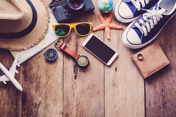 Travel accessories costumes. Passports, luggage, The cost of travel maps prepared for the trip