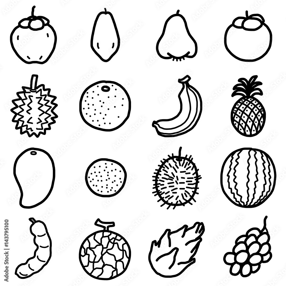 tropical fruits, icons set / cartoon vector and illustration, hand