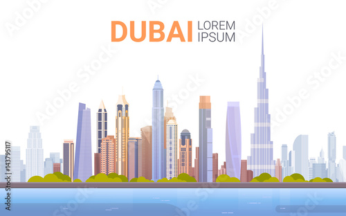 Dubai Skyline Panorama, Modern Building Cityscape Business Travel And Tourism Concept Flat Vector Illustration