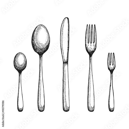 Fork and spoon with a knife drawing. Cutlery vector