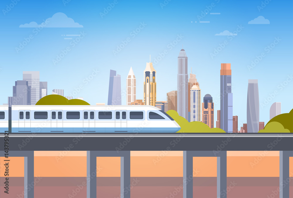 Obraz premium Subway Over City Skyscraper View Cityscape Background Skyline with Copy Space Vector Illustration