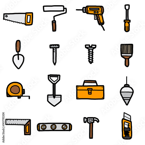 tools, icons set / cartoon vector and illustration, hand drawn style, isolated on white background.