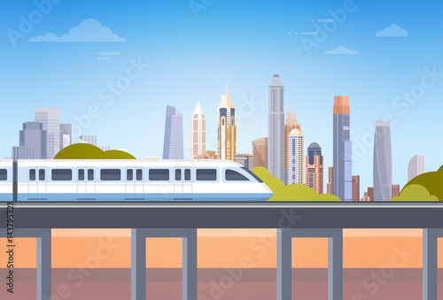 Subway Over City Skyscraper View Cityscape Background Skyline with Copy Space Vector Illustration