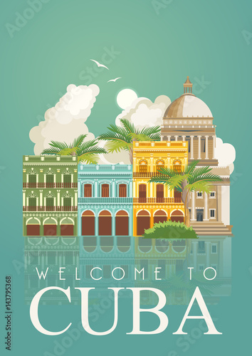 Cuba attraction and sights - travel postcard concept. Vector illustration with traditional Cuban architecture, colourful buildings, car, guitar, cigars, cocktail, flag. Design elements for poster.