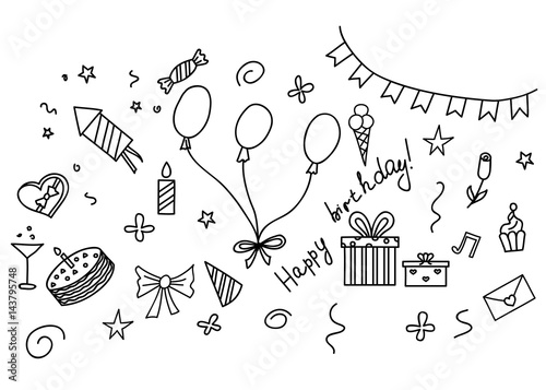 Happy birthday hand drawn sketch set with party attributes