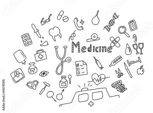 Hand drawn medicine icon set. Medical healthcare, pharmacy doodle icons.