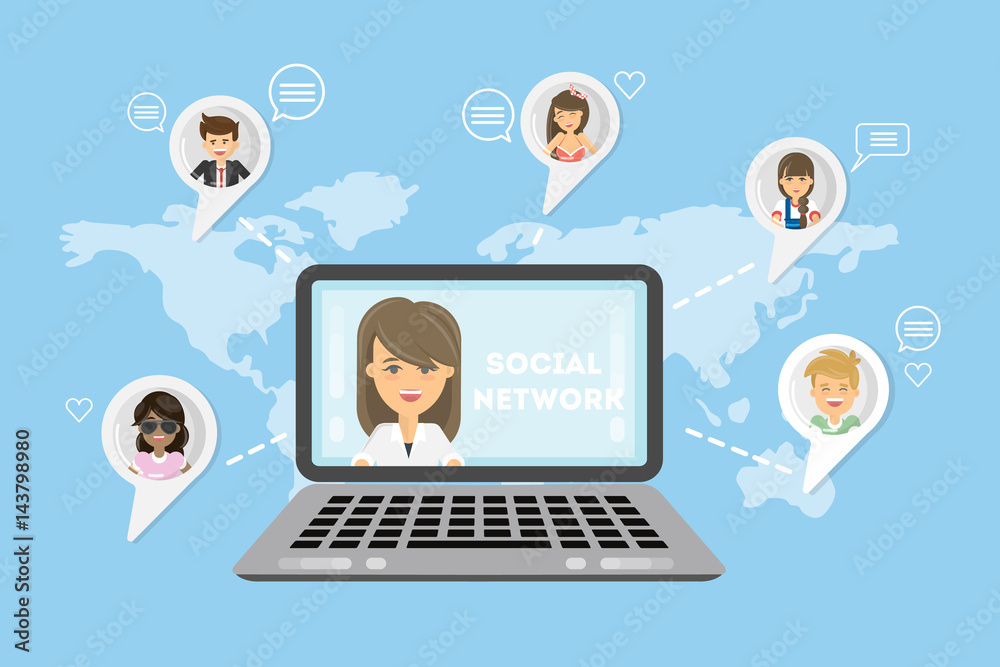 Social network connection. Laptop and map. People communicate in the whole world. Social network connection. Laptop and map. People communicate in the whole world.