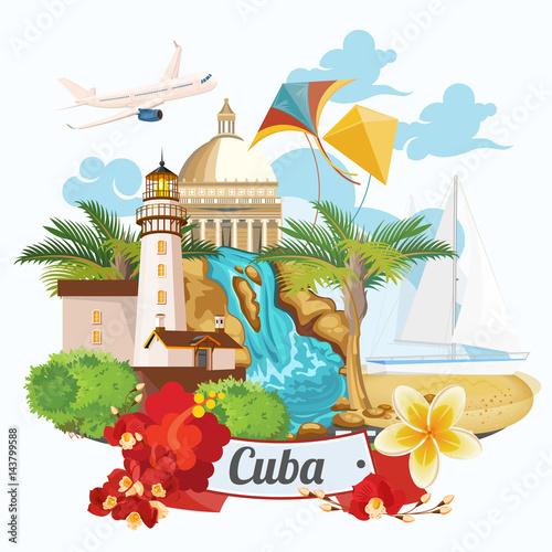Cuba attraction and sights - travel postcard concept. Vector illustration with traditional Cuban architecture, colourful buildings, car, guitar, cigars, cocktail, flag. Design elements for poster.