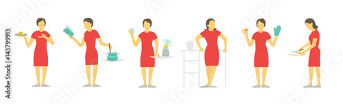 A woman set of different poses preparation food by prescription. Dishes and saucepan. Red dress, beautiful slender girl