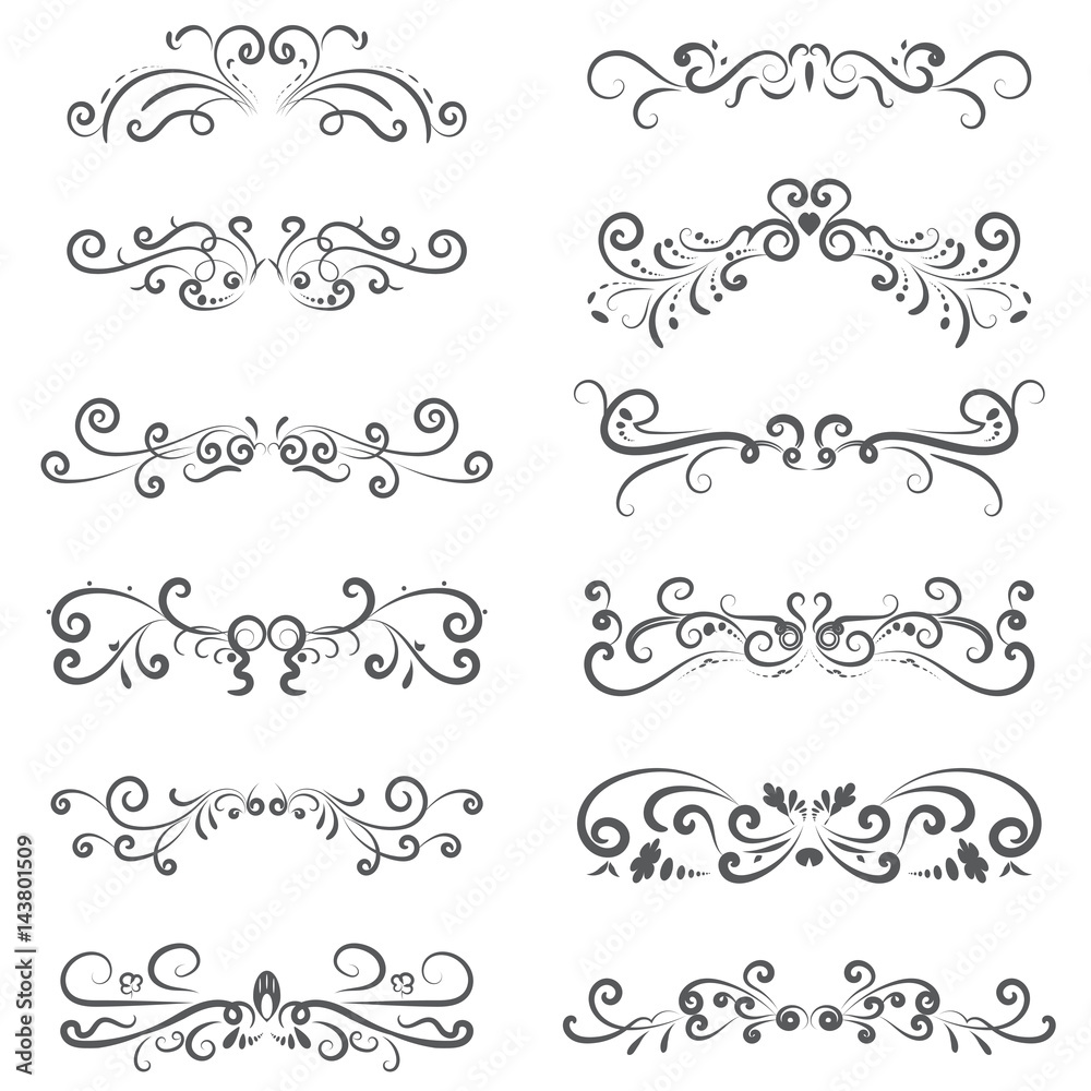 Vector of calligraphic design elements in black lines swirl on white background, border