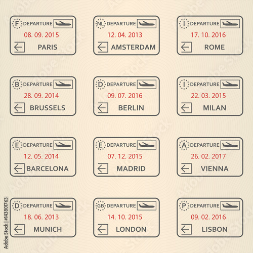 Visa stamp set. Departure passport stamps collection. Travel design elements. Vector illustration.