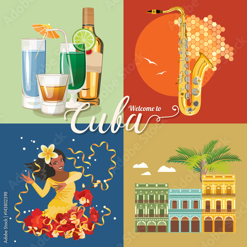 Cuba attraction and sights - travel postcard concept. Vector illustration with traditional Cuban architecture, colourful buildings, car, guitar, cigars, cocktail, flag. Design elements for poster.