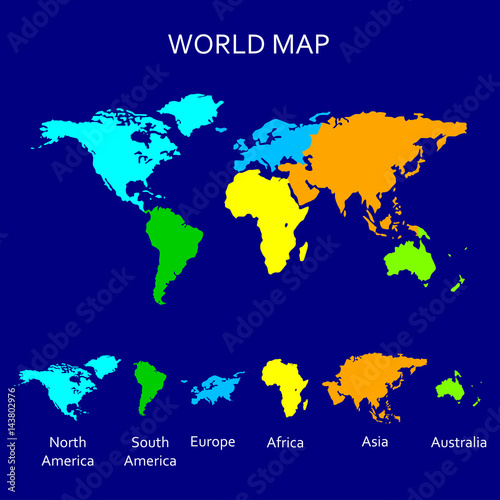 Continent map. Colorful World map for atlas design with North America  South America  Europe  Africa  Asia  Australia. Vector illustration. 