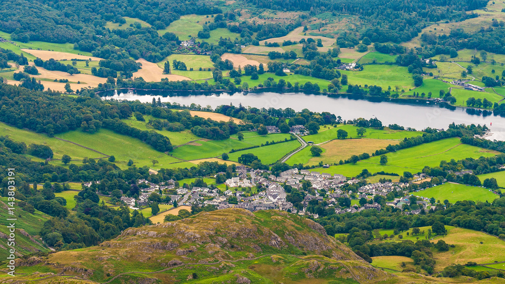 View from The Old Man of Coniston on town of Coniston, Cumbria, Lake District, England