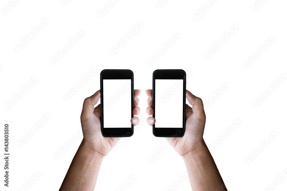 Man hands holding horizontal the black smartphone with blank screen, isolated on white background. Man hands holding horizontal the black smartphone with blank screen, isolated on white background.