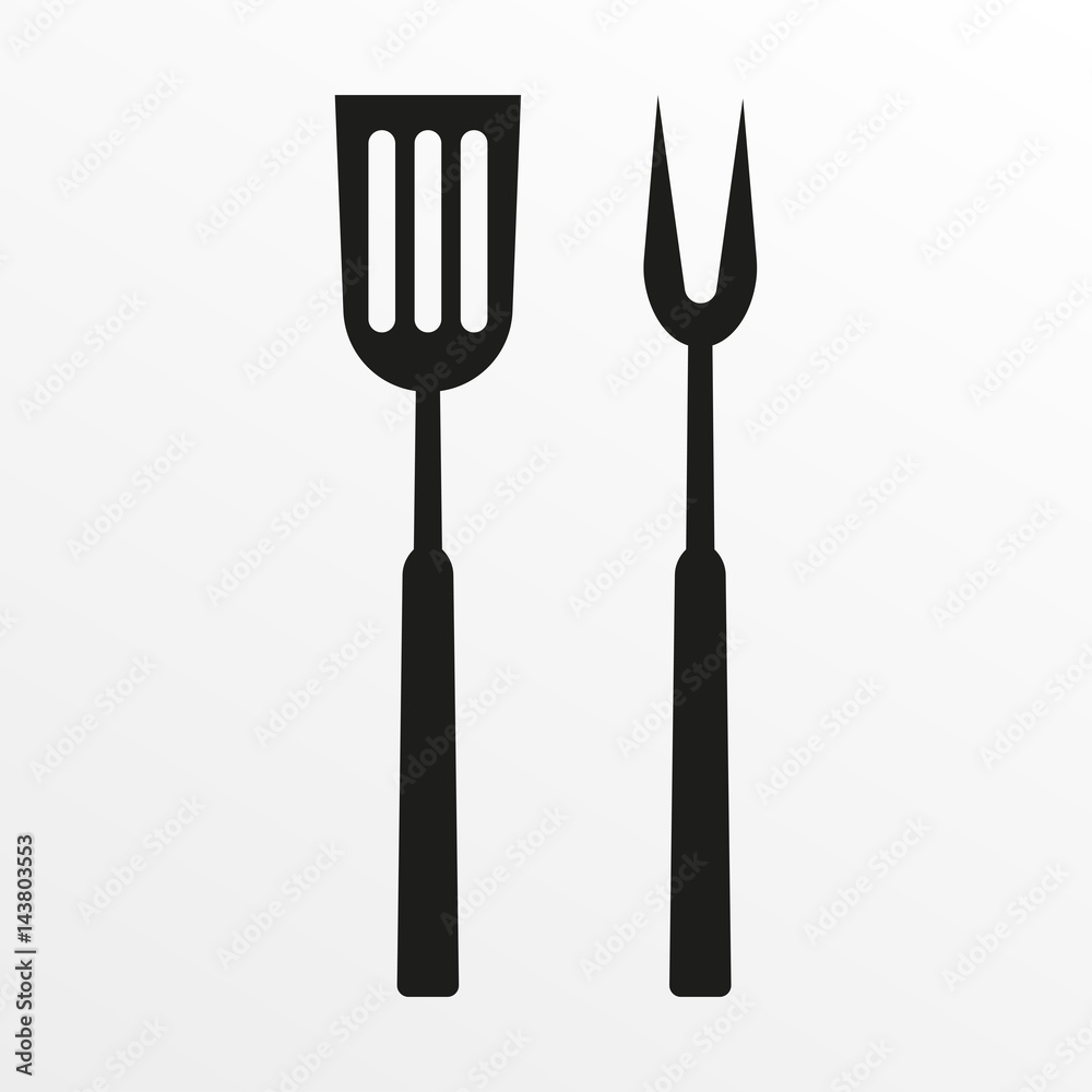 BBQ or grill tools icon. Crossed barbecue fork with spatula. Vector illustration. BBQ or grill tools icon. Crossed barbecue fork with spatula. Vector illustration.