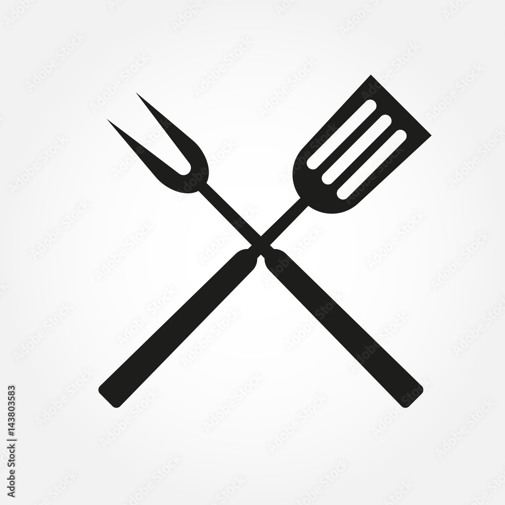 Fototapeta premium BBQ or grill tools icon. Crossed barbecue fork with spatula. Vector illustration.