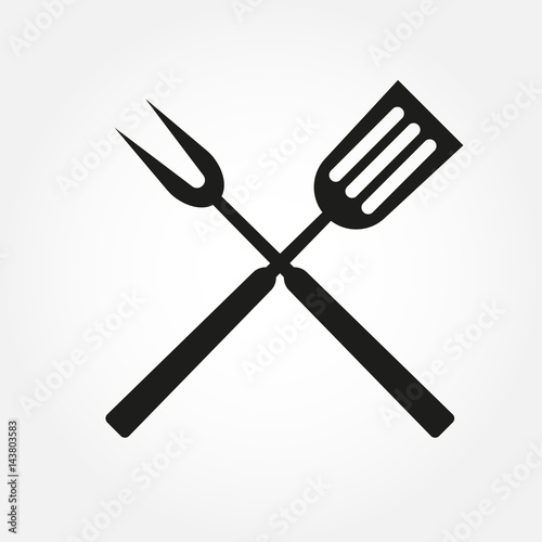 BBQ or grill tools icon. Crossed barbecue fork with spatula. Vector illustration.