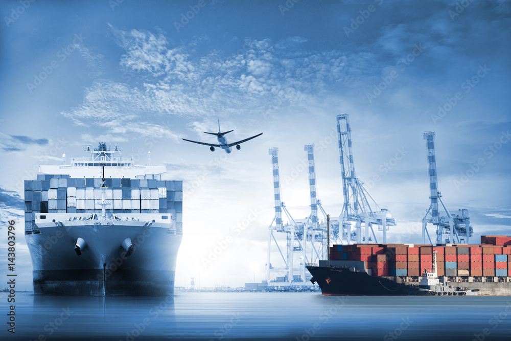Fototapeta premium Logistics and transportation of International Container Cargo ship and cargo plane in the ocean at twilight sky