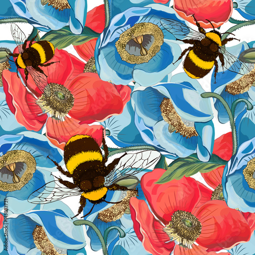 Seamless pattern with poppies, flower narcissus and bumblebee in vecor