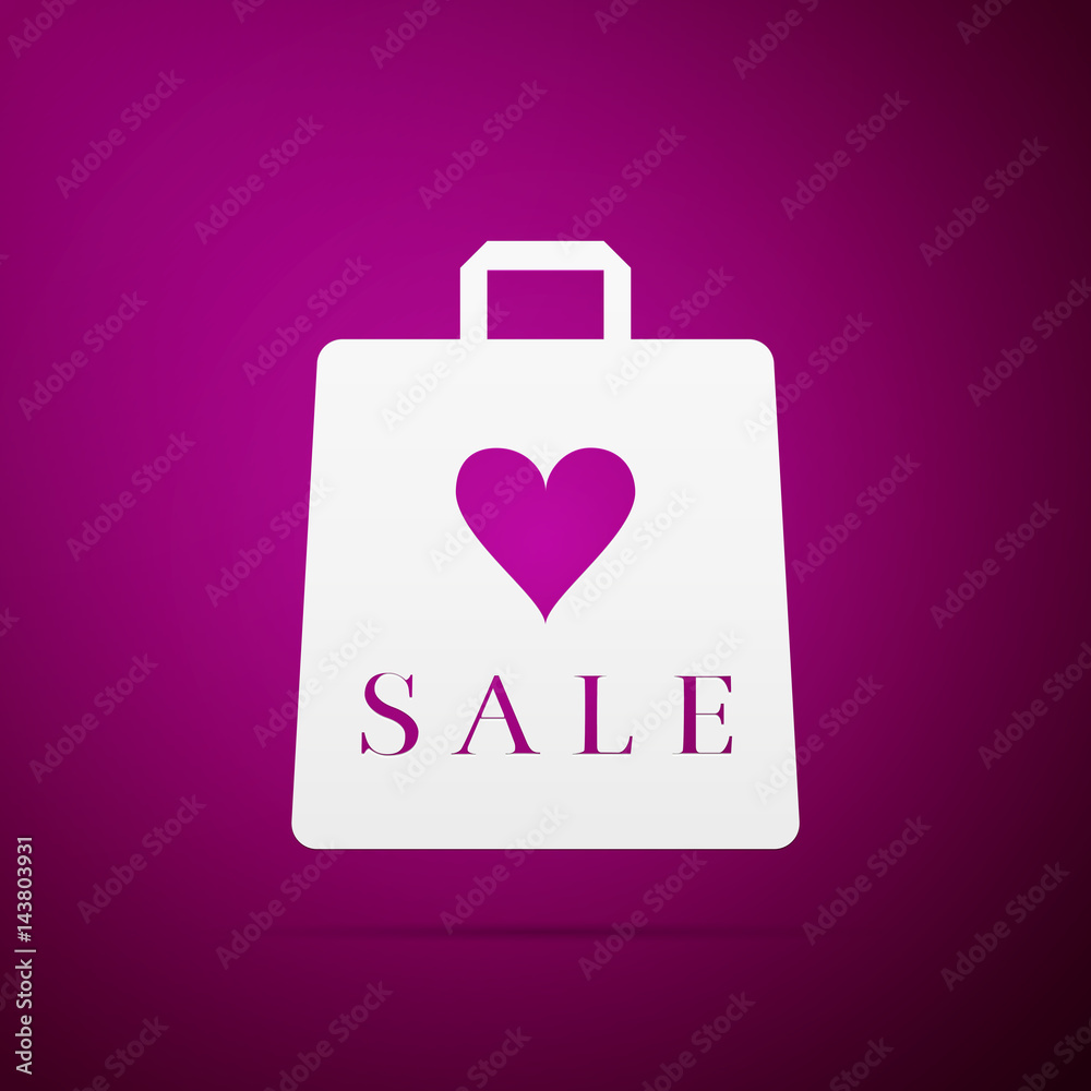 Shopping bag shop love like heart icon with an inscription sale flat icon on purple background. Vector Illustration Shopping bag shop love like heart icon with an inscription sale flat icon on purple background. Vector Illustration