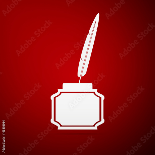 Feather and inkwell flat icon on red background. Vector Illustration