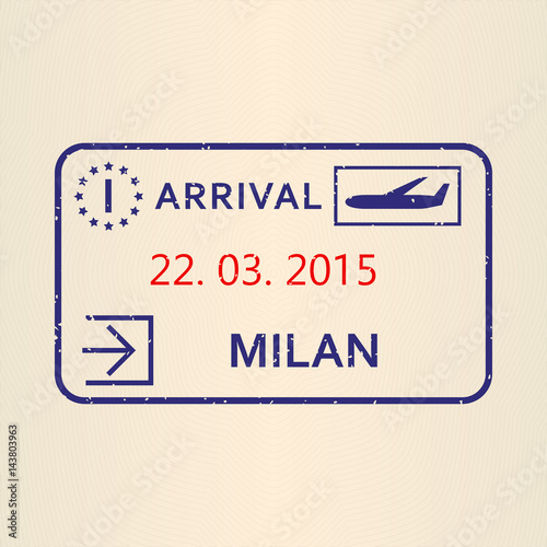Milan passport stamp. Travel by plane visa or immigration stamp. Vector illustration.