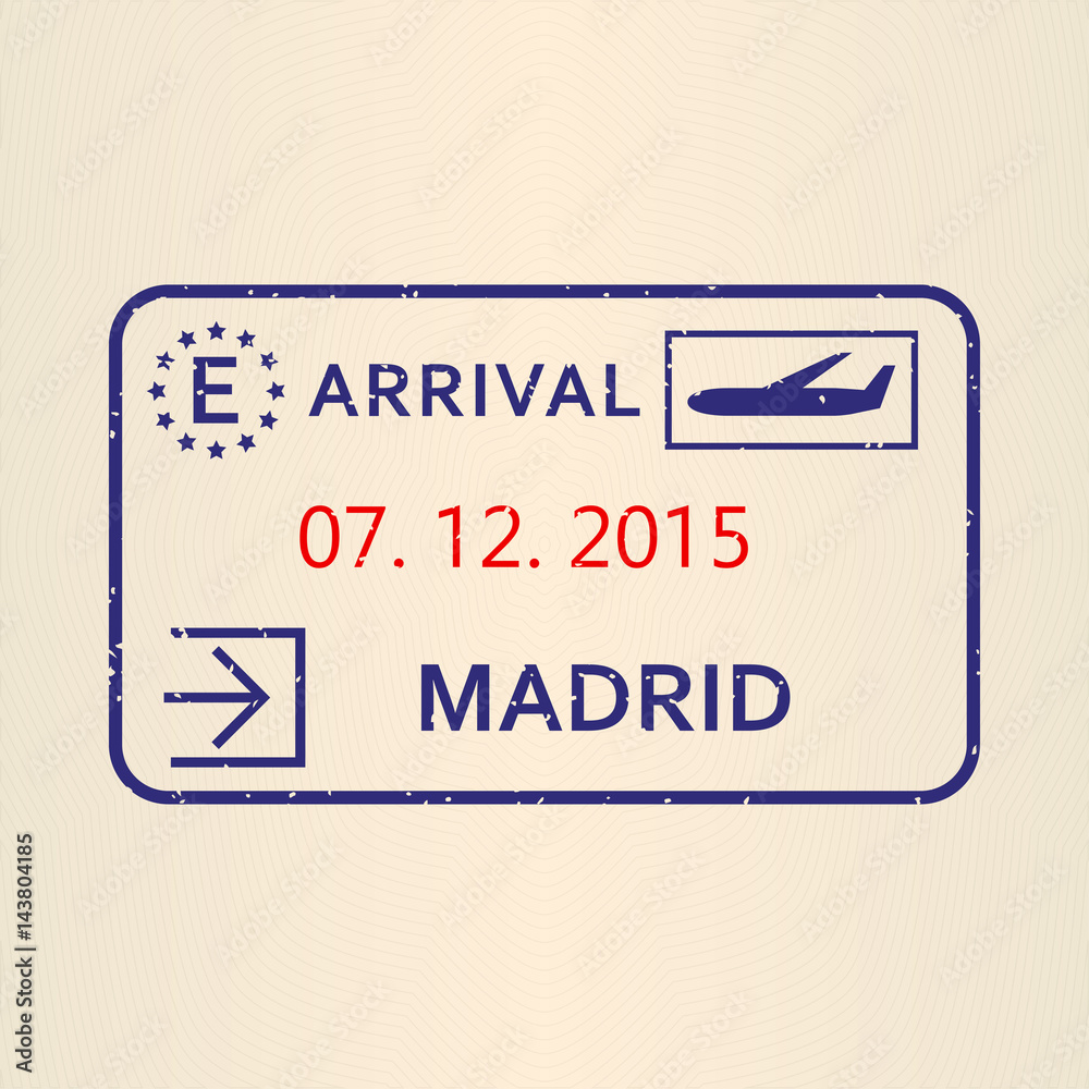 Fototapeta premium Madrid passport stamp. Travel by plane visa or immigration stamp. Vector illustration.