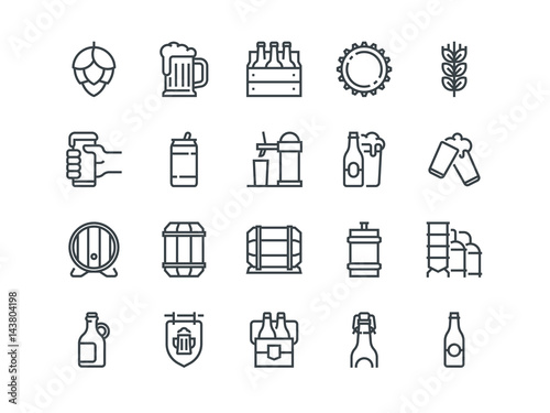 Beer. Set of outline vector icons. Includes such as Bottle, Barrel, Cup, Can and other. Editable Stroke. 48x48 Pixel Perfect.