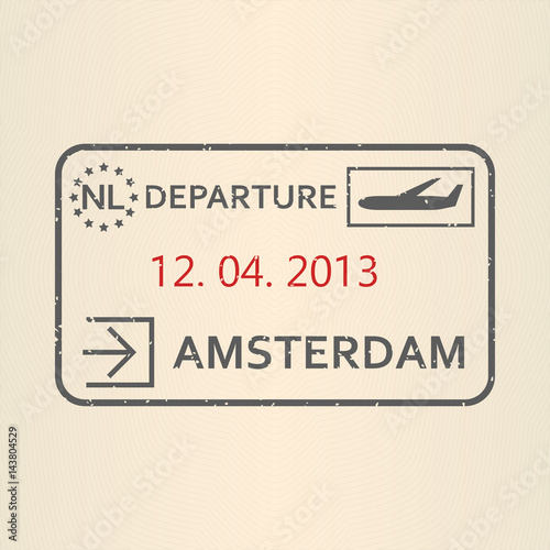 Amsterdam passport stamp. Travel by plane visa or immigration stamp. Vector illustration