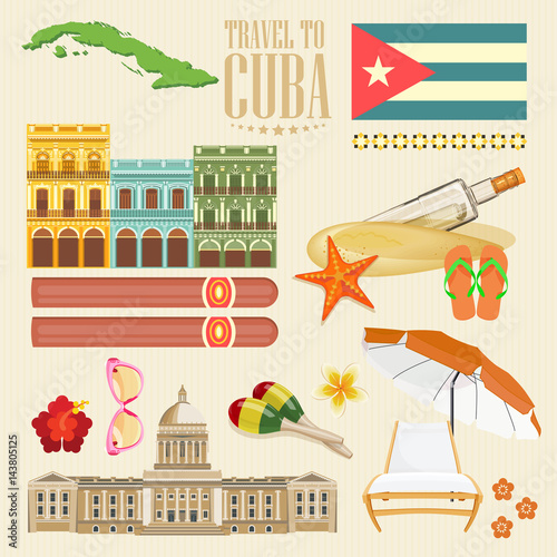Cuba attraction and sights - travel postcard concept. Vector illustration with traditional Cuban architecture, colourful buildings, car, guitar, cigars, cocktail, flag. Design elements for poster.