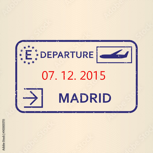 Madrid passport stamp. Travel by plane visa or immigration stamp. Vector illustration.