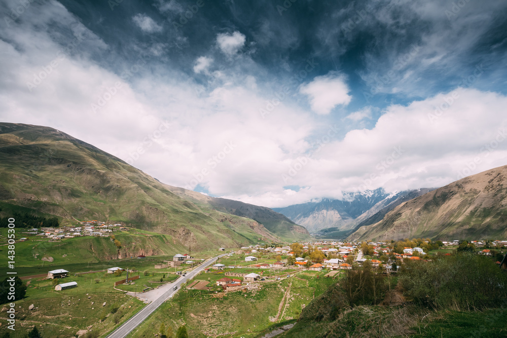 Sioni Village On Mountain Background In Kazbegi District, Mtskhe