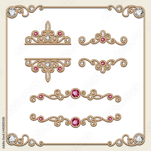 Set of gold jewelry design elements on white