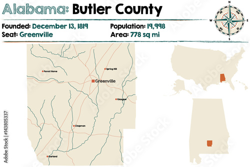 Large and detailed map of Butler County in Alabama.