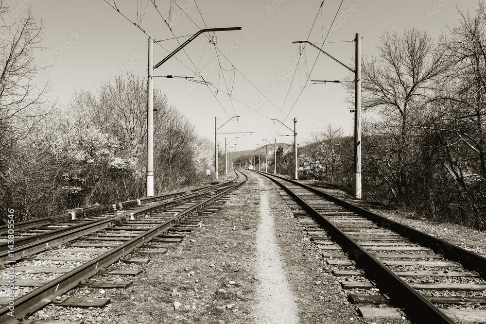 Railroad in rural areas in spring time. black and white photo Railroad in rural areas in spring time. black and white photo