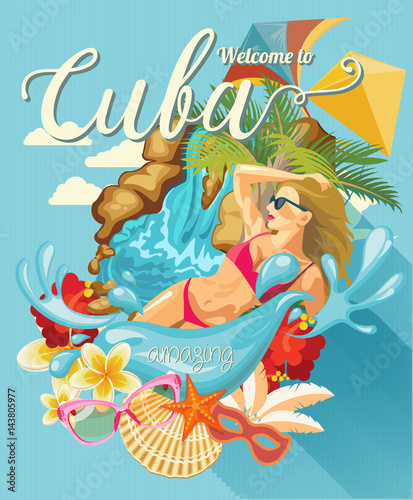 Cuba attraction and sights - travel postcard concept. Vector illustration with traditional Cuban architecture, colourful buildings, car, guitar, cigars, cocktail, flag. Design elements for poster.