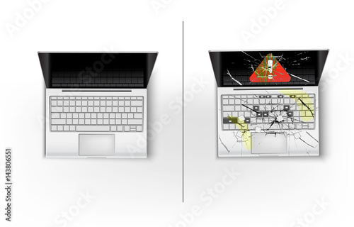 laptop with blank screen and laptop with broken screen  and symbol dangers on display. Top view illustration  templates 
