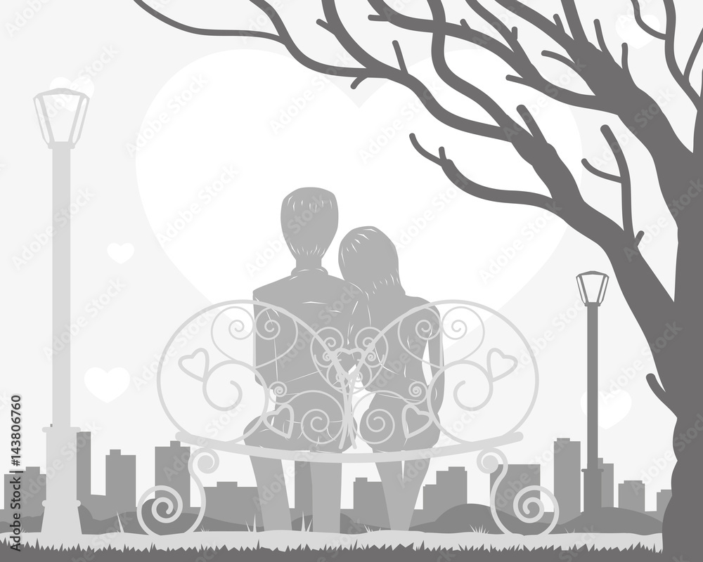 A couple is sitting on a bench in a tree. Vector illustration