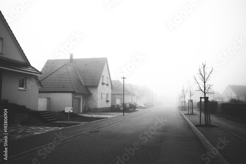 Fototapeta Naklejka Na Ścianę i Meble -  the modern village of France, fog,black and white
