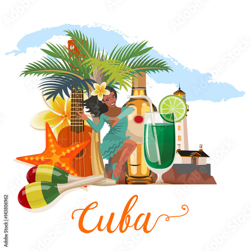 Cuba attraction and sights - travel postcard concept. Vector illustration with traditional Cuban architecture, colourful buildings, car, guitar, cigars, cocktail, flag. Design elements for poster.