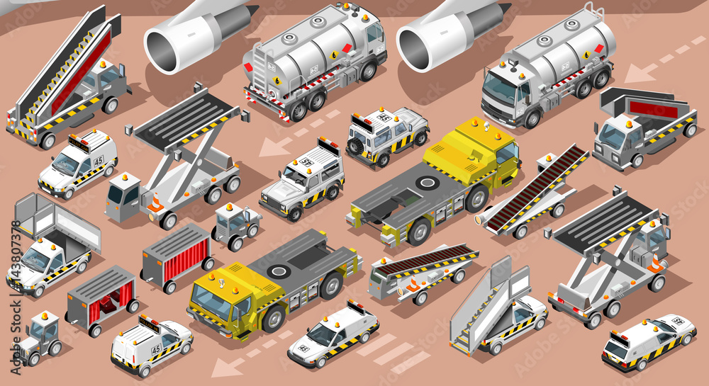 Isometric airport shuttle terminal airfield vehicle freight car van truck. 3D icon set isometric isolated white service car and luggage transfer infographic vector illustration Isometric airport shuttle terminal airfield vehicle freight car van truck. 3D icon set isometric isolated white service car and luggage transfer infographic vector illustration